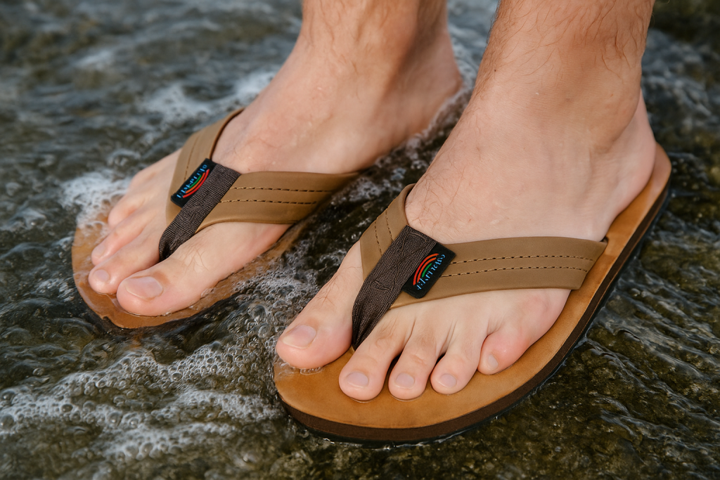 Rainbow Sandals near water
