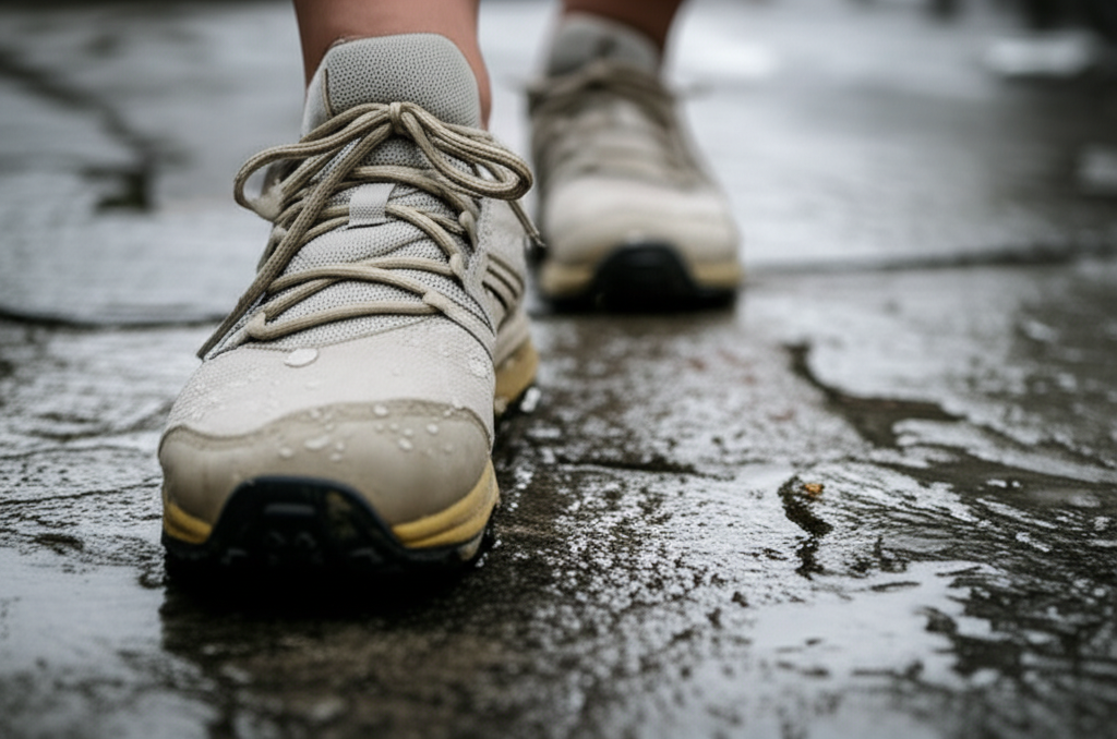 Generate a high-quality, relevant image prompt for an article about: Are Walking Shoes Waterproof? U